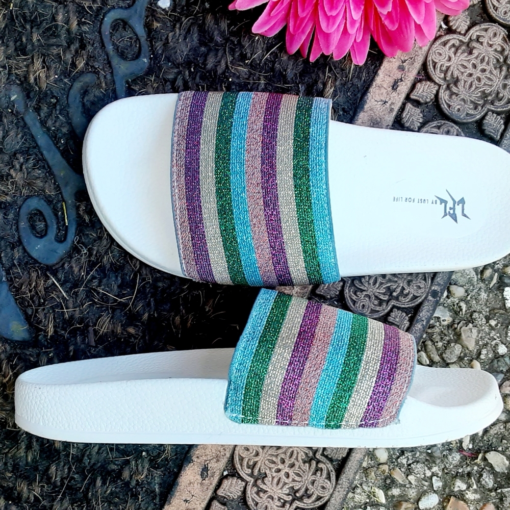 GLITTER Stripe Slides Sandals SPRING ARRIVALS! - Picture 3 of 9
